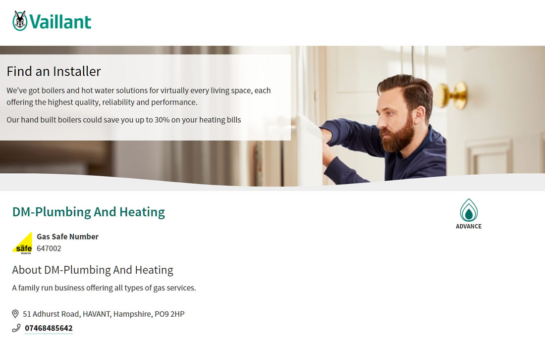 Vaillant Advance installer - DM Plumbing and Heating Havant, Hampshire